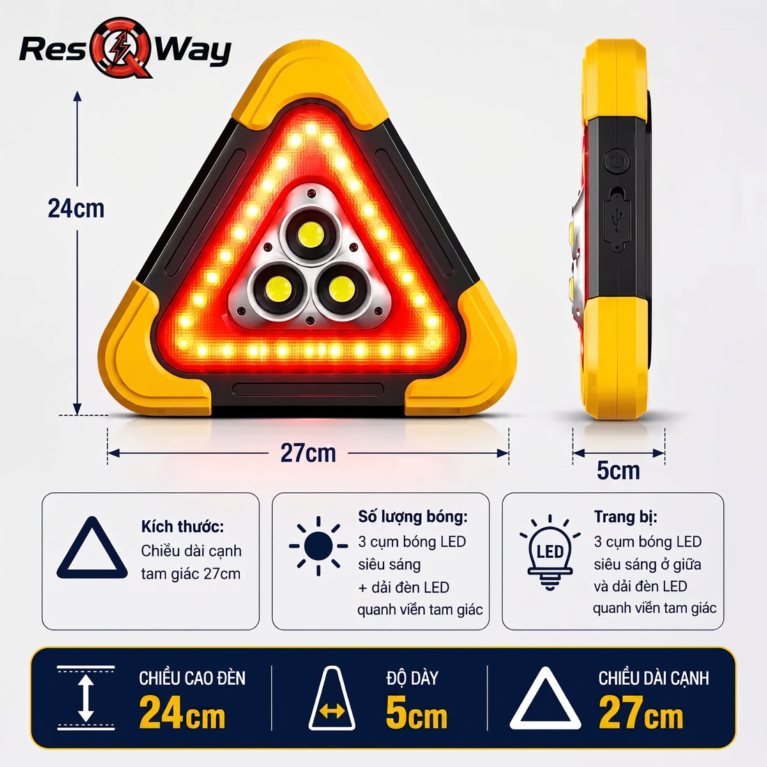 Đèn Cảnh Báo Nguy Hiểm Tam Giác ResQway Cho Ô Tô